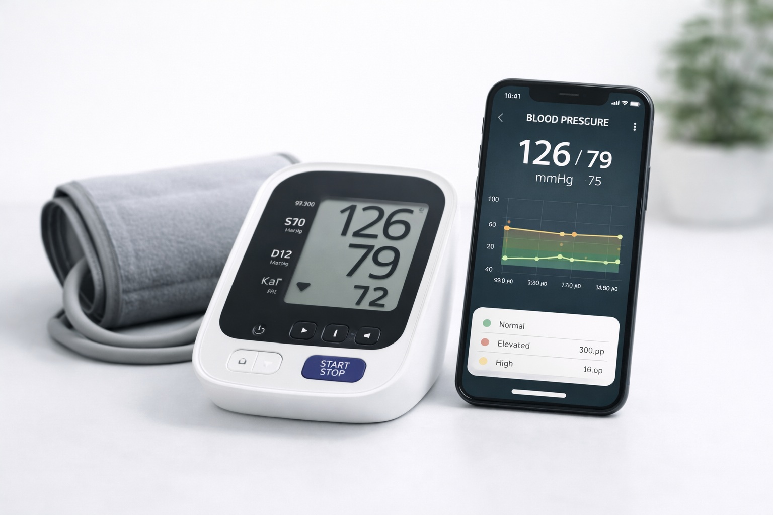 Digital upper arm blood pressure monitor with cuff for home health tracking on clean white surface