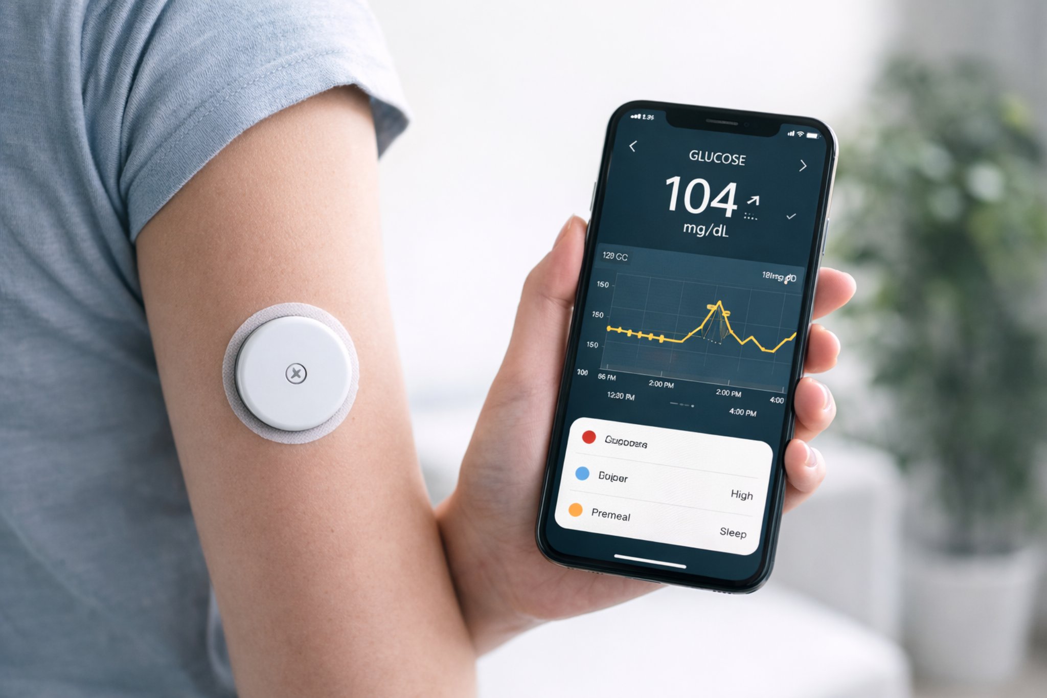Continuous glucose monitor and smartphone showing real-time glucose tracking data