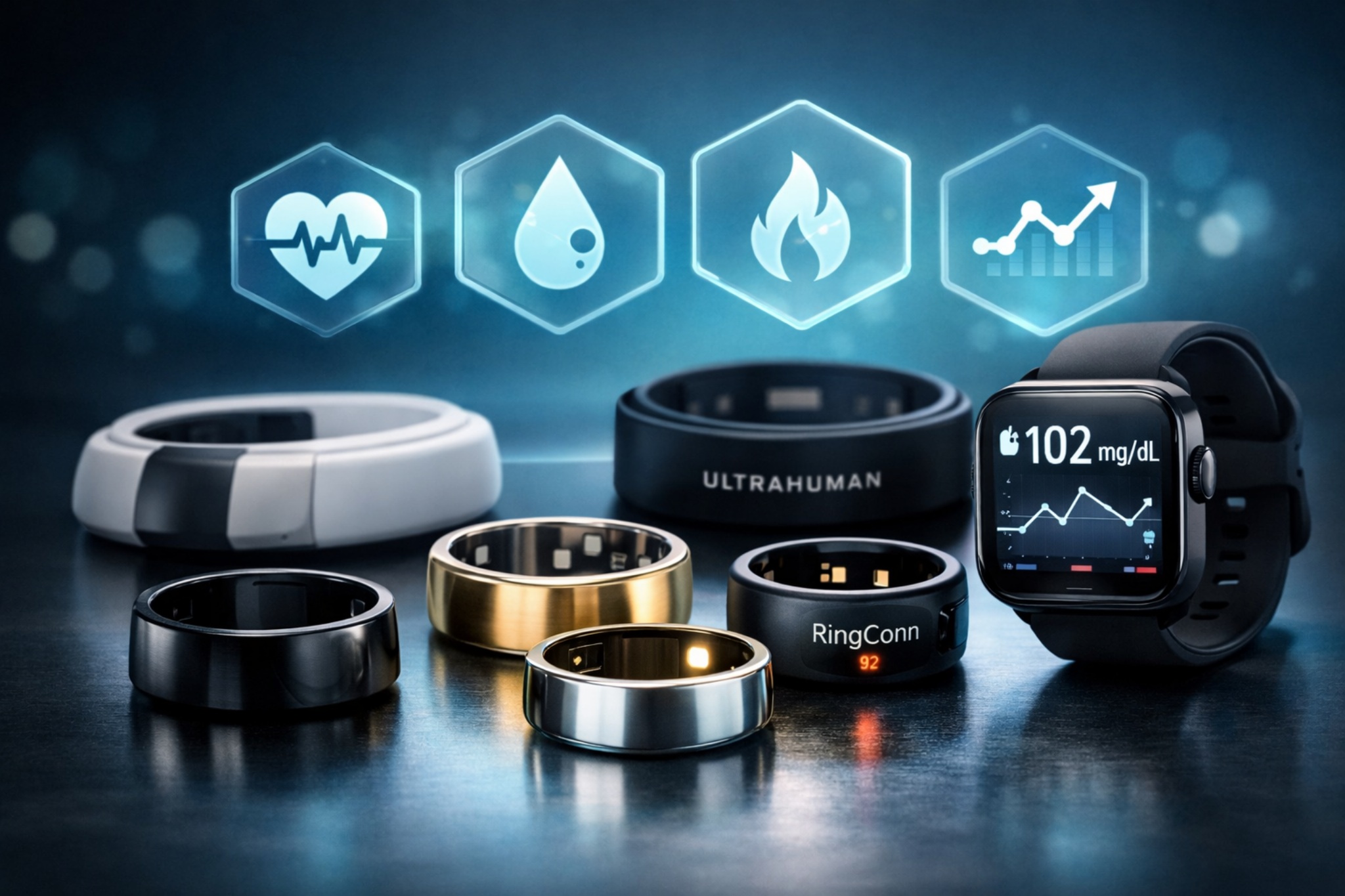 Smart rings and wearable devices for metabolic health on a clean modern background