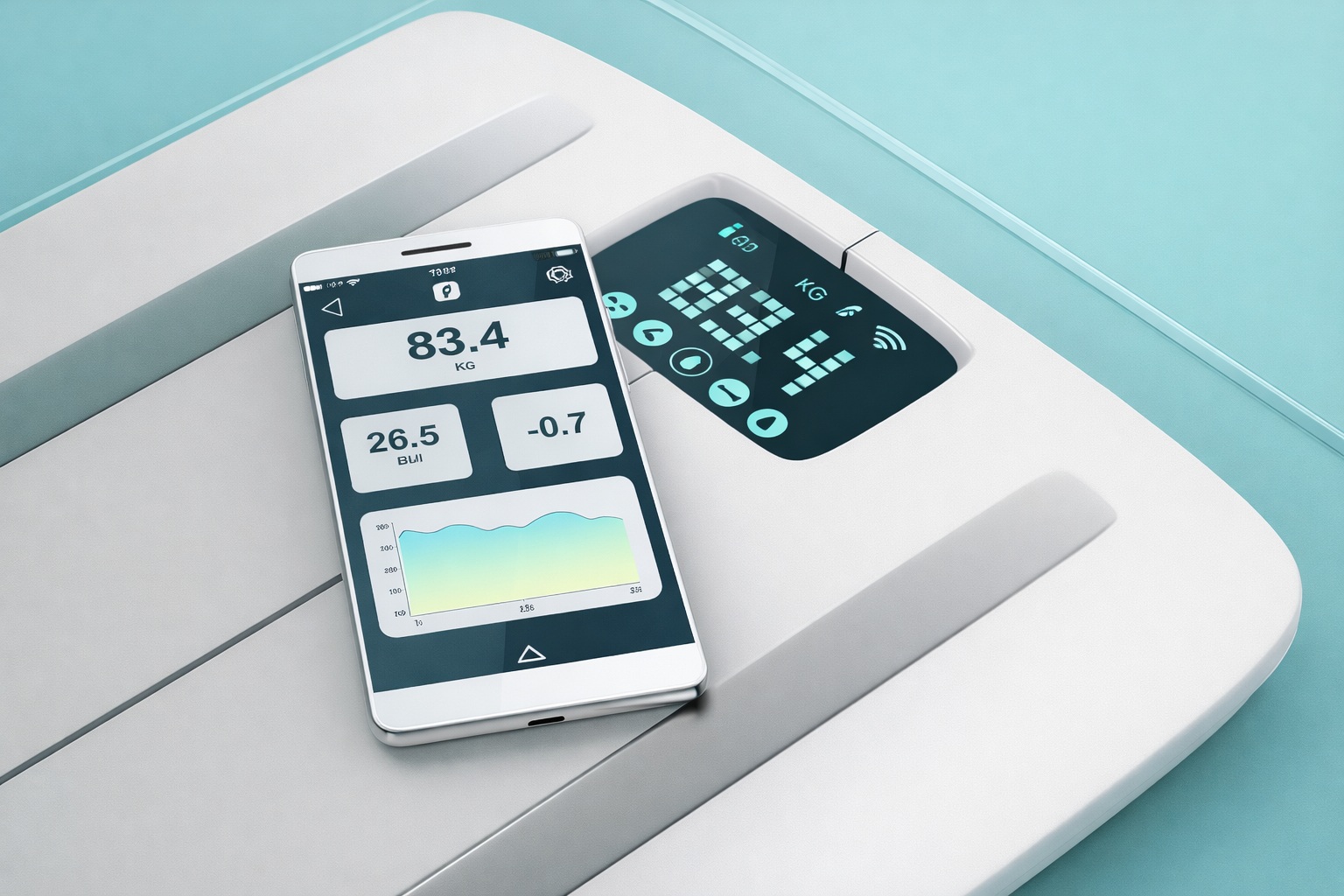 Smart scale and mobile app showing body composition and metabolic health tracking data